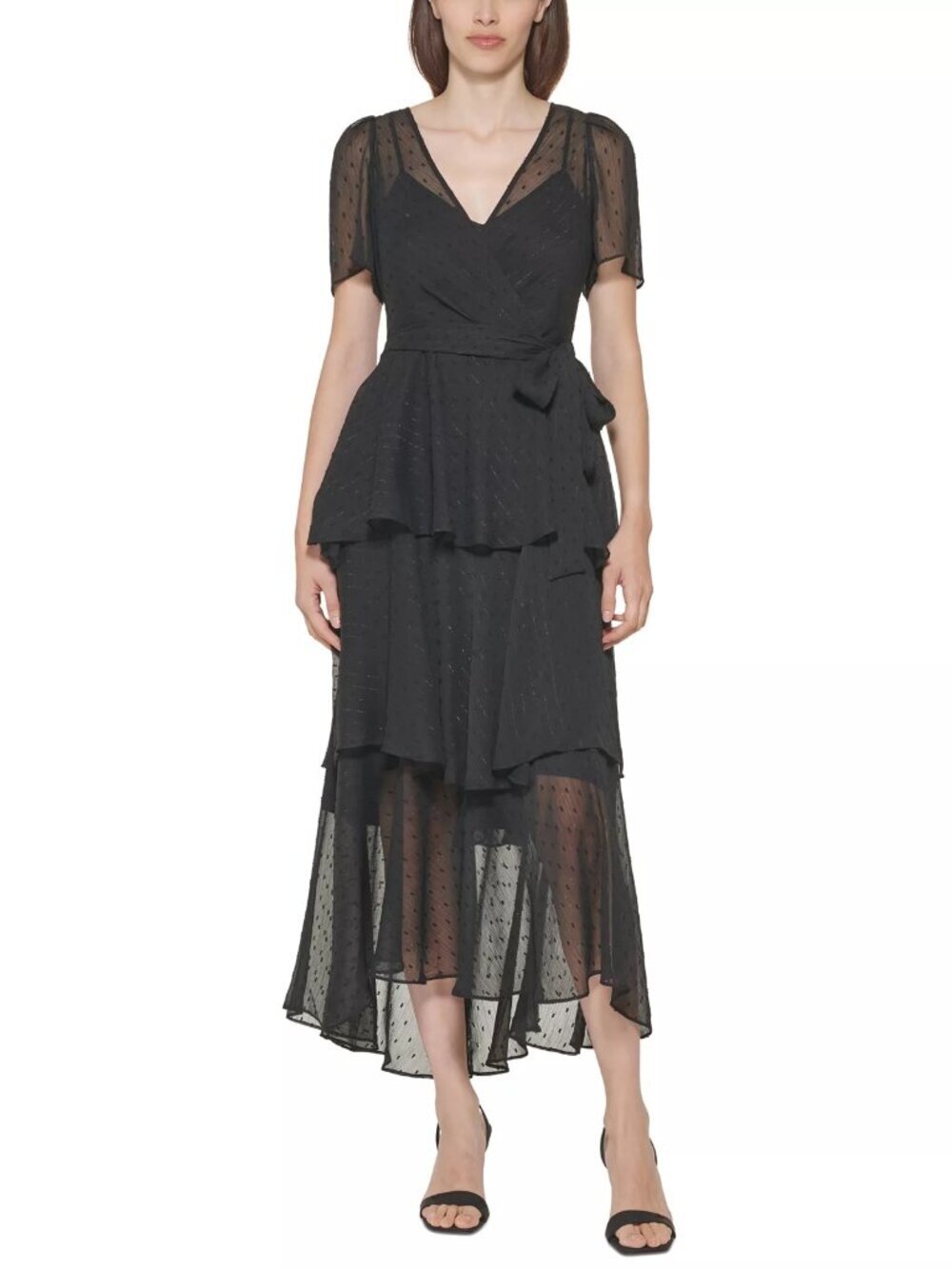 NWT New Calvin Klein Clip-Dot Tiered Black Dress Size 2